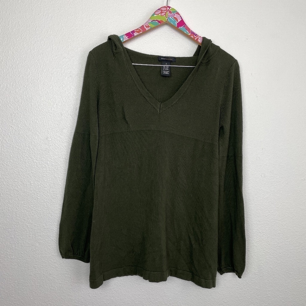 BCBG Maxazria green ribbed v-neck hoodie tunic size S // 2023